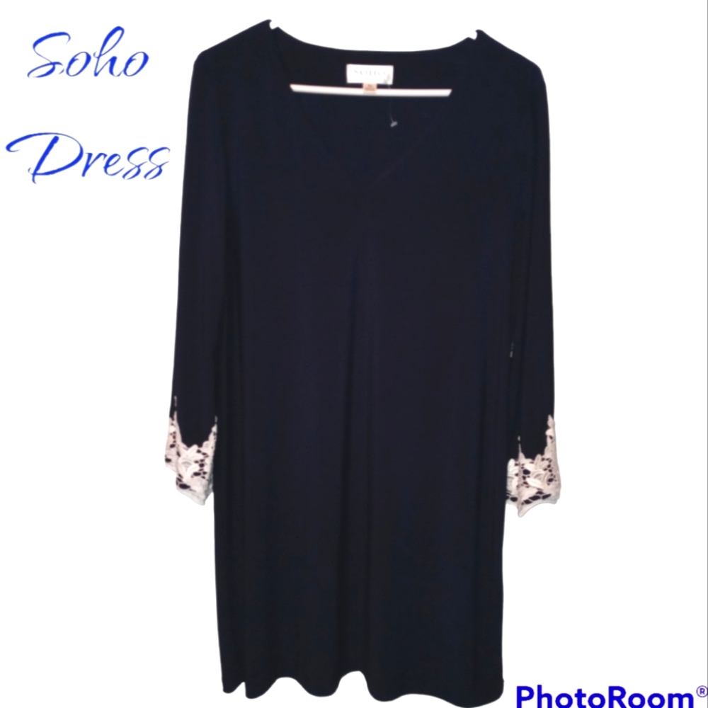 Navy Blue SOHO Dress, with battenburg lace bell sleeves. PL 12/14